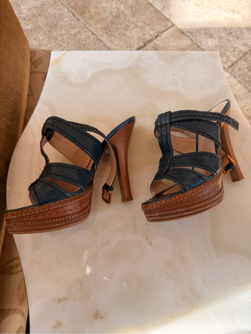 Prada Denim Strappy Platform Sandals in Black and Brown